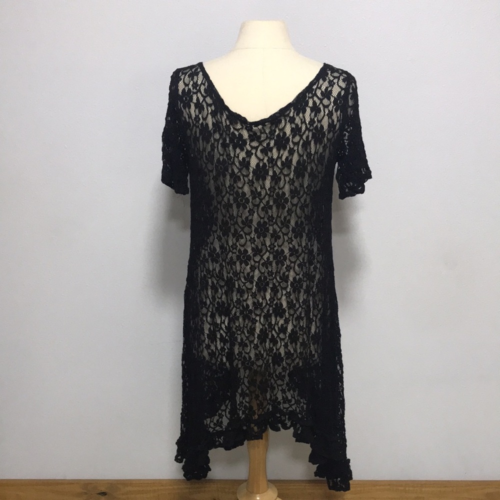 LAST CALL Black lace stretch high low ribbon tunic dress LG layering NFR boho - Picture 7 of 11